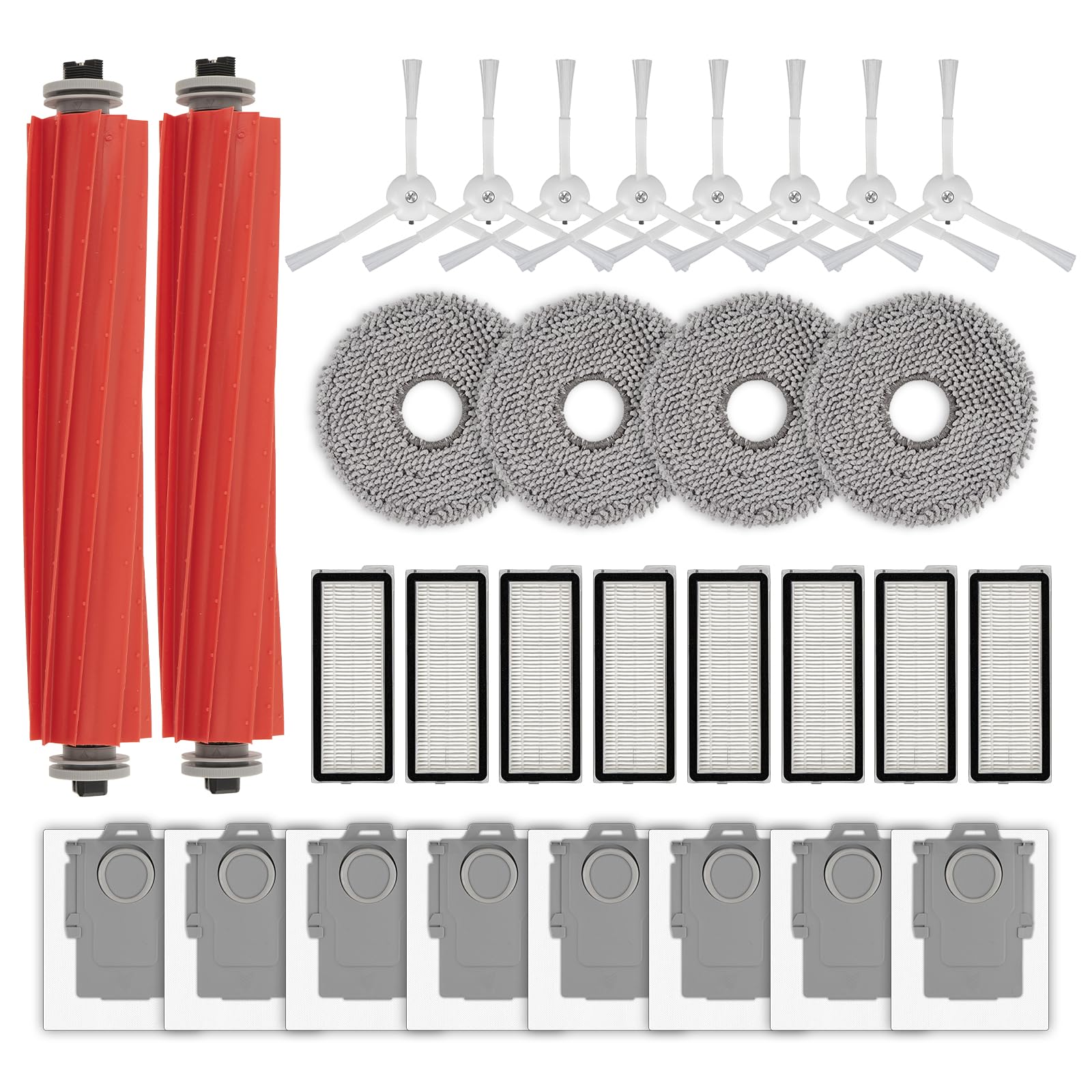 Photo 1 of (30 Pack) QRevo S Accessories Replacement Parts for Roborock Qrevo S, Qrevo Pro, Qrevo MaxV, QRevo Plus Robot Vacuum, 2 Roller Brushes, 8 White Side Brushes, 8 Dust Bags, 8 HEPA Filters, 4 Mop Pads