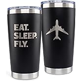 JENVIO Pilot Gifts | 20oz Laser Etched Stainless Steel Travel Tumbler Mug 2 Lids 2 Straws Gift Box and Card Included | Aviation Flight Attendant Airplane Decor Men Christmas