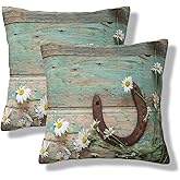 VIREOTHIA Teal Wooden Country Pillow Covers 18x18 Set of 2 Rustic Decorative Throw Pillow Cover Western Horseshoe Daisy Square Pillowcases Cushion Covers for Couch Bed Sofa Decor