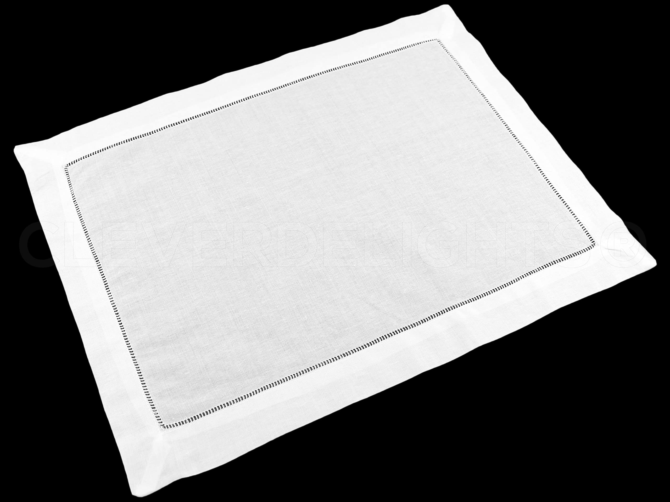 CleverDelights White Linen Hemstitched Placemats - 6 Pack - 14" x 20" - 100% Linen