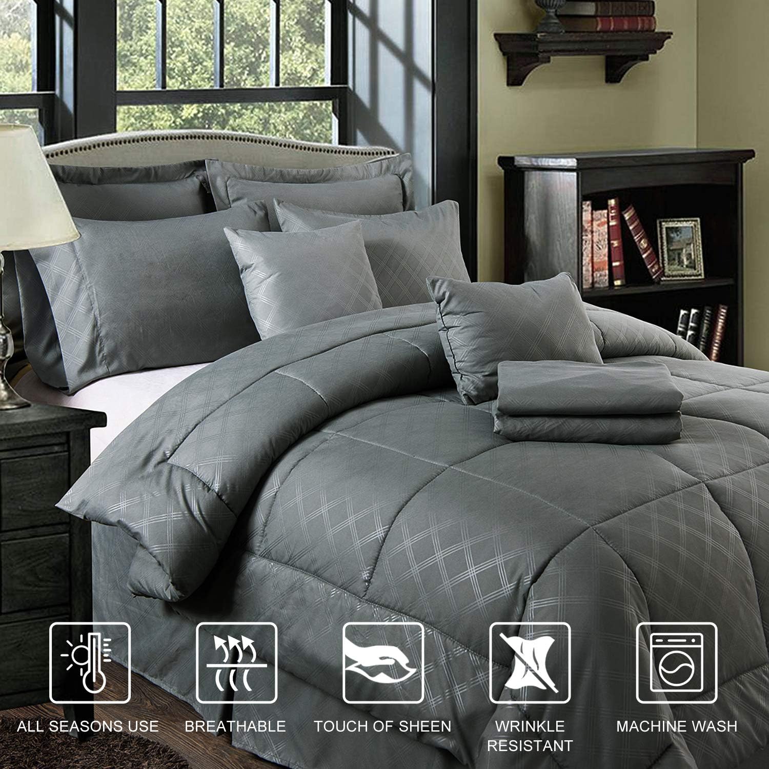 JML Comforter Set, 10 Piece Microfiber Bedding Comforter Sets with Shams - Luxury Solid Color Quilted Embroidered Pattern, Perfect for Any Bed Room or Guest Room (Grey, Cal King): Home & Kitchen