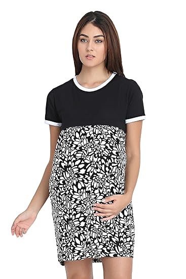 Cotton Black Color Women Feeding Tops Western Latest/Nursing/Maternity/Night Dress with Floral Print Half Sleeve/Breastfeeding Night Gown Baby Feeding Short Nighty