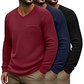 Baggyfly 3 Pack Men's Waffle Shirts Long Sleeve V Neck Raglan Sleeve Knit Tops Casual Thermal Undershirts with Pocket Regular