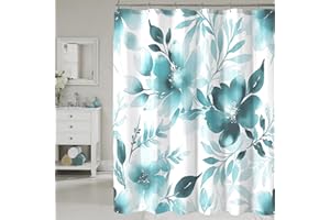 COSEVIER Floral Shower Curtain, Teal Watercolor Flower Shower Curtains for Bathroom, Modern Minimalist Waterproof Fabric Bath Decoration 72x72 Inch