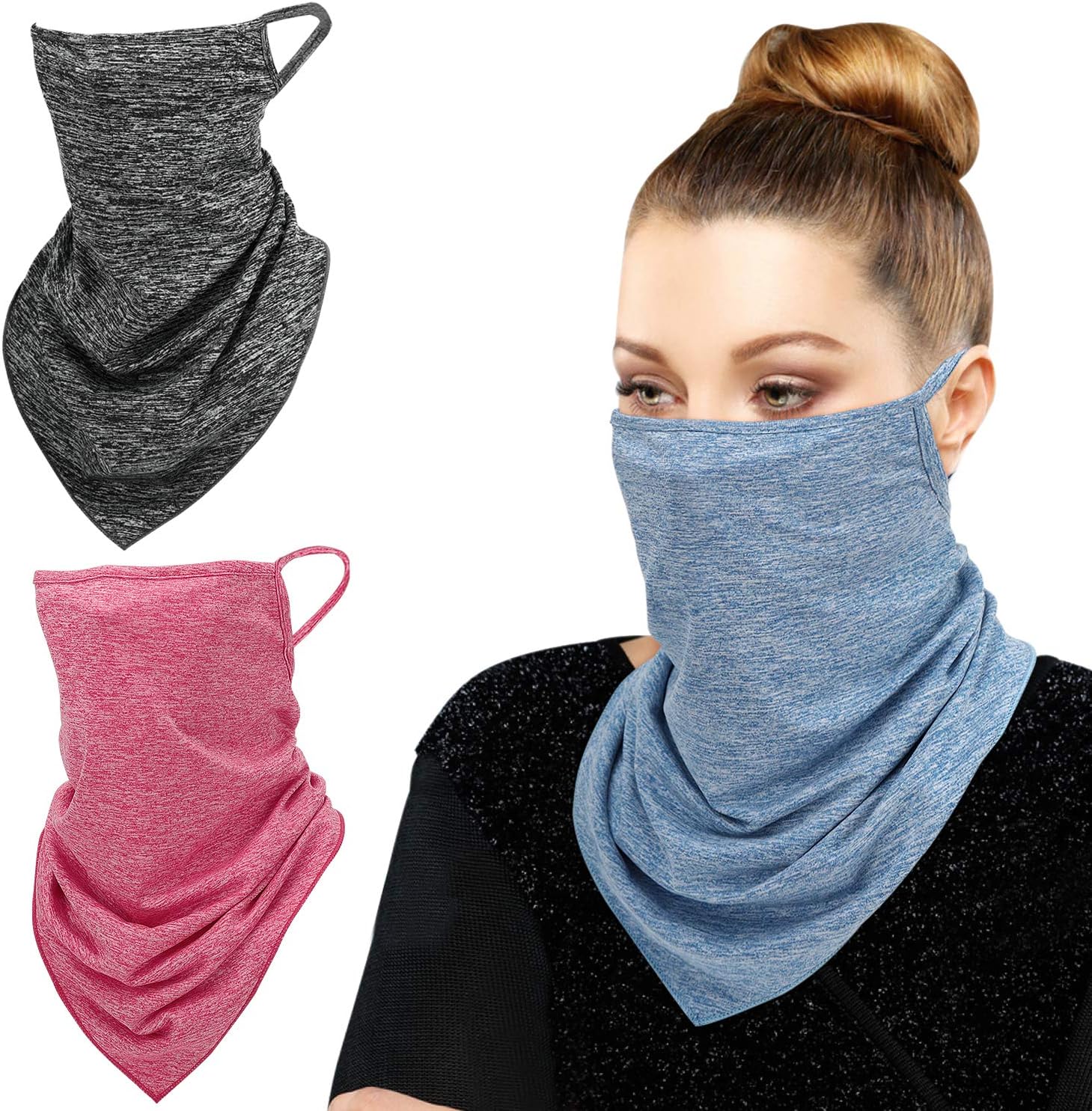 MoKo Scarf Mask Bandana with Ear Loops 3 Pack, Neck Gaiter Balaclava with Filter Pocket UV Protection Mask for Dust Wind Motorcycle Cycle Bandana Headband for Women Men, Dark Gray/Magenta/Light Blue : Sports & Outdoors
