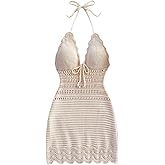 GORGLITTER Women's Crochet Halter Mini Dress Summer Vacation Outfits Bow Tie Backless Bodycon Knit Dresses Beach Sundress