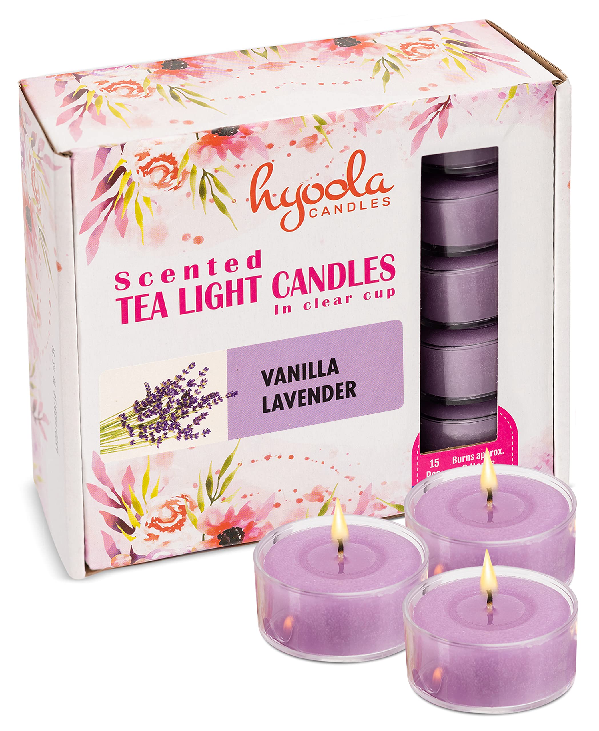 Hyoola Scented Tealight Candles - Clear Cup - Vanilla Lavender Scented Tealights Candles - 6 Hour Burn Time - 15 Pack - European Made