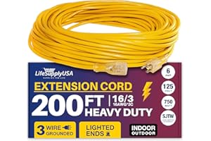 200 ft Power Extension Cord, Indoor Outdoor, Heavy Duty, 3 Prong SJTW, 16 Gauge, Lighted End, Extra Durability, 6 AMP 125 Volts 750 Watts,16/3, by LifeSupplyUSA - Yellow (1 Pack)