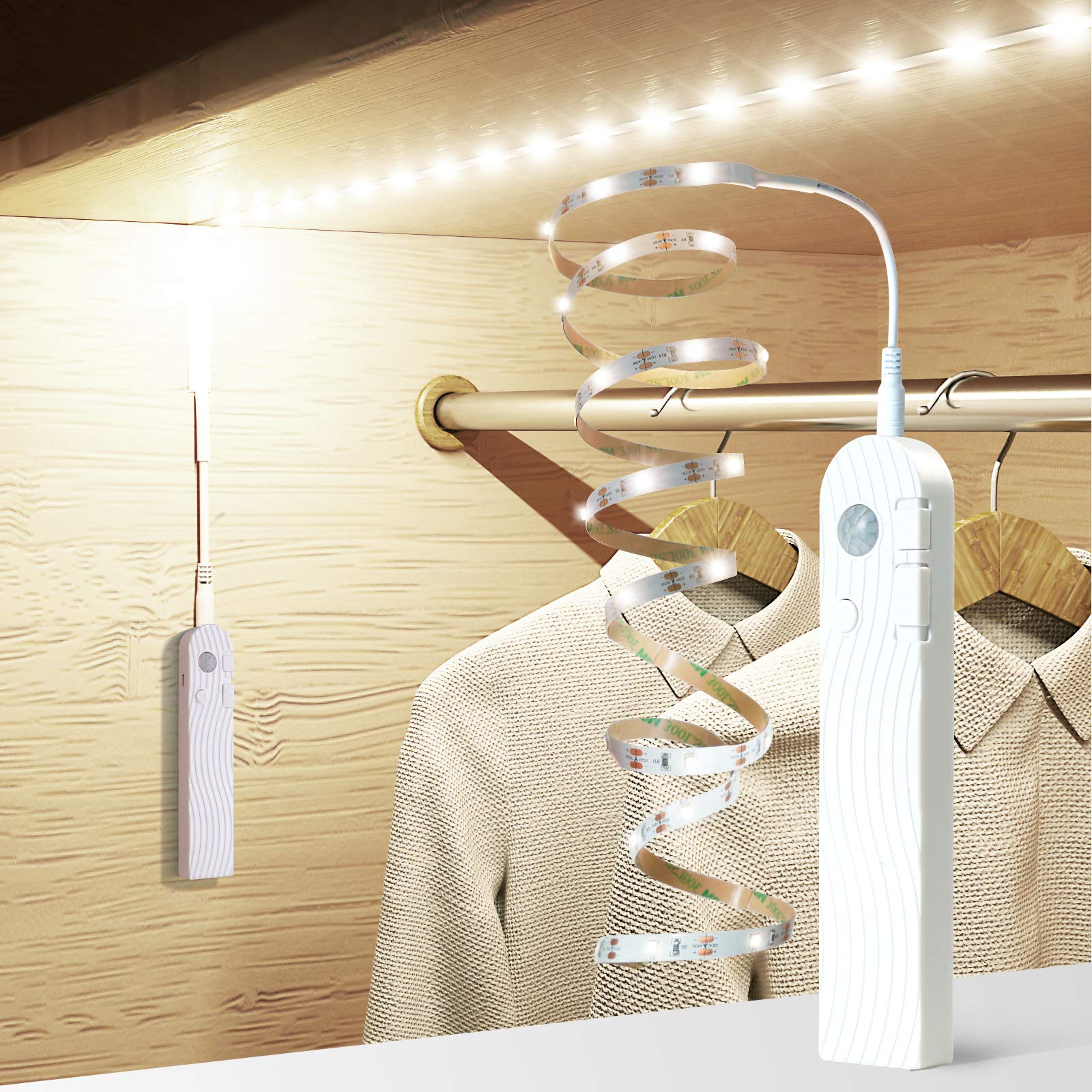 Sensky Motion Sensor LED Strip Light Rechargeable Motion Activated Light Strip Dimmable Strip Lights for Cabinet, Wardrobe, Cupboard, Hallway, Stairs(1M, Cool White)