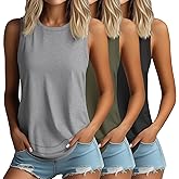 Ficerd 3 Pack Women's Tank Tops Sleeveless Crew Neck Summer T-Shirts Side Curved Hem Loose Casual Blouses