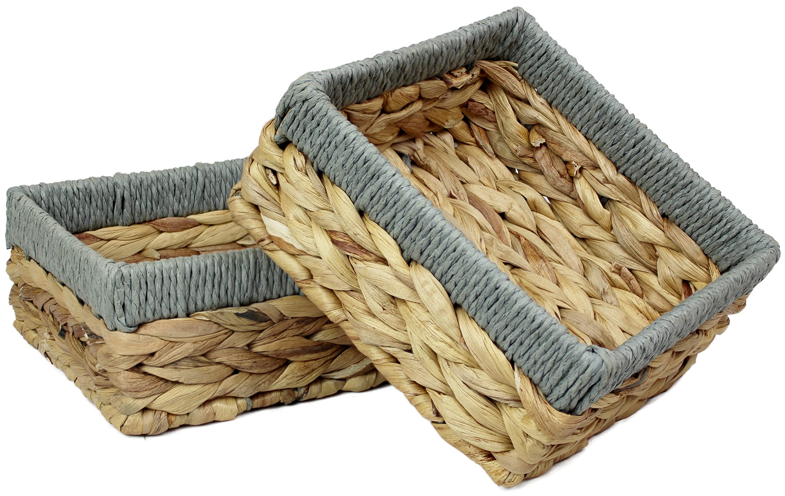 Square Water Hyacinth Small baskets for storage Natural and Grey wicker basket shelves open Decorative gift box Small bathroom mini tray makeup bathroom Kitchen organiser (Medium 18cm, 2 x Basket)