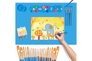 FINFINLIFE XL Silicone Paint Mat for Kid, 24"x16" Painting Station for kids Gift Silicone Art Mat, Silicone Mats for Crafts with Paint Brush Cleaner Tray Palettes, Painting Brushes Mini Canvas Easel (Blue)