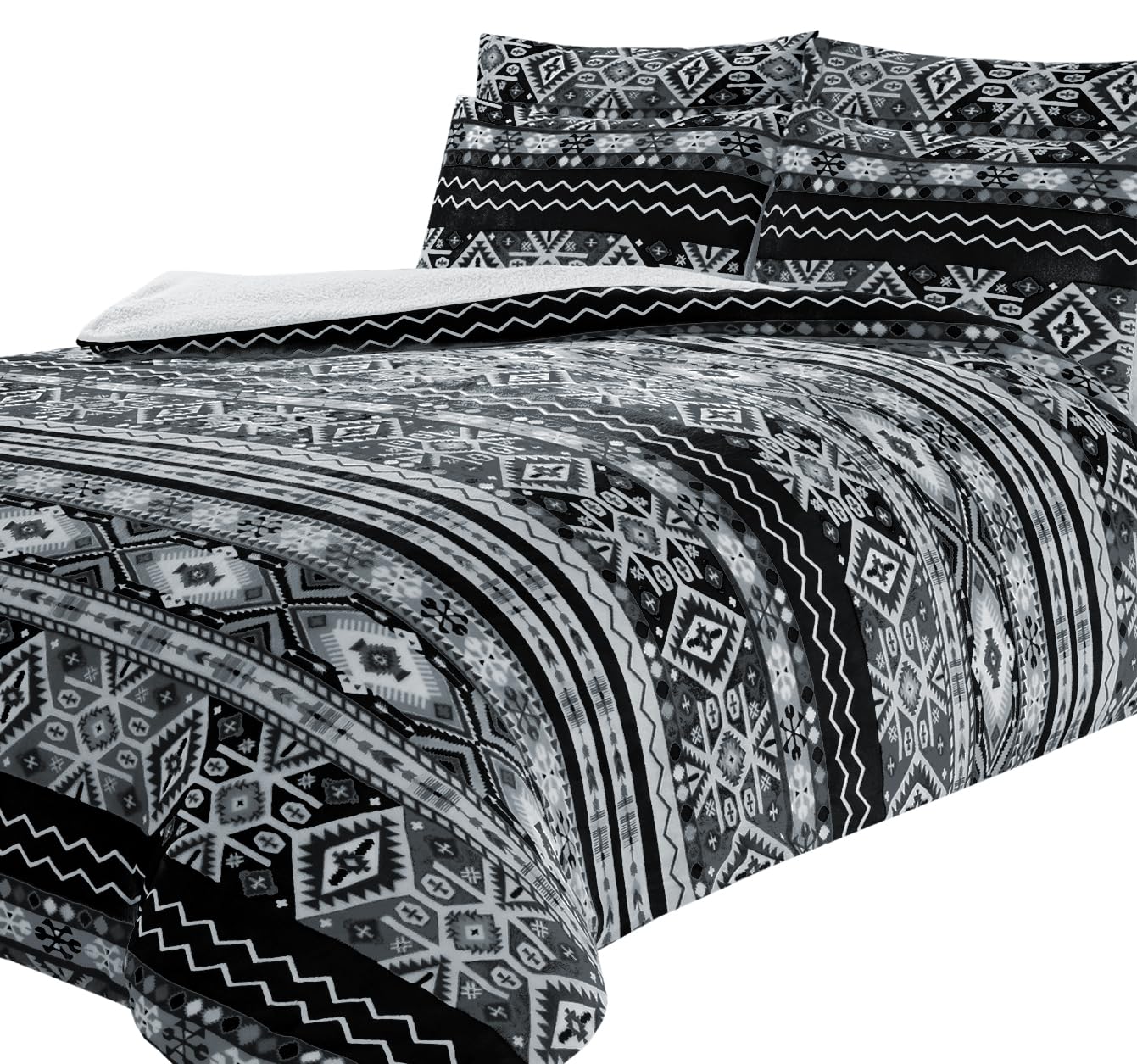 Olivia Rocco Aztec Teddy Fleece Duvet Cover Set With Pillow Cases Quilt Bedding Sets Easy Care Thermal Warm Cosy Super Soft Fluffy Comforter Bed linens, Single Black