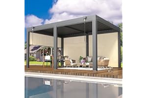 YOLENY 12x16ft Louvered Pergola, Outdoor Pergola with Adjustable Rainproof Roof, Aluminum Gazebo with 6 Panels Pull-Down Screen for Patio, Lawn, Garden, Backyard, Deck, Dark Gray