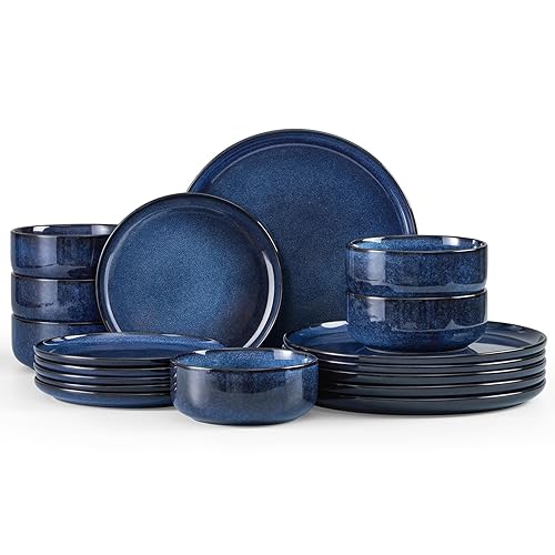 Homikit 18 Piece Dinner Set, Kitchen Stoneware Dinnerware Sets for 4 People, Included 6X Dinner Plates, 6X Side Plates and 6X Bowls, Non-Scratch, Dishwasher & Microwave Safe, Nebulas Blue