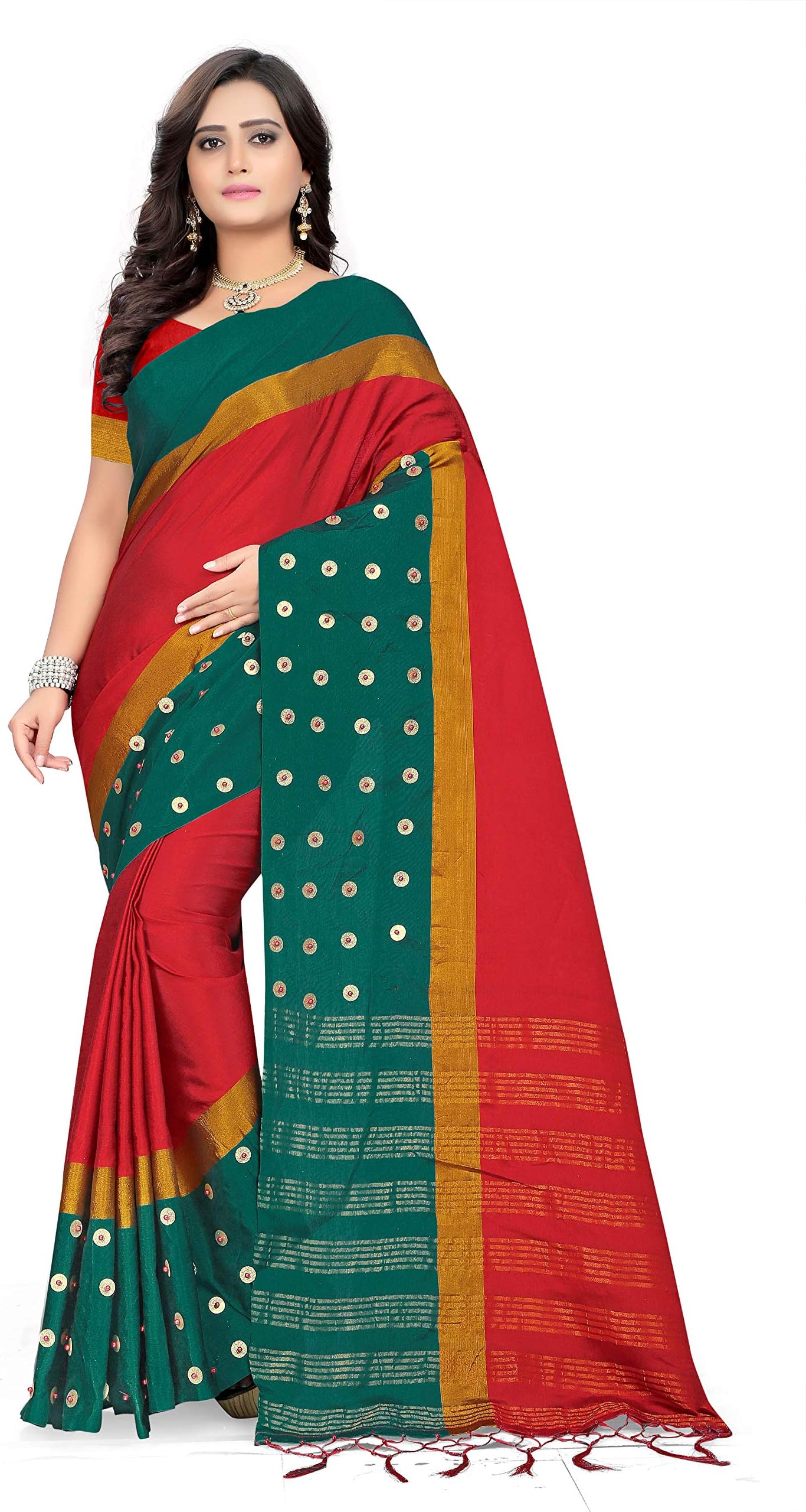 women's cotton silk sequin pearl Yellow & Rani with border print festive wear saree