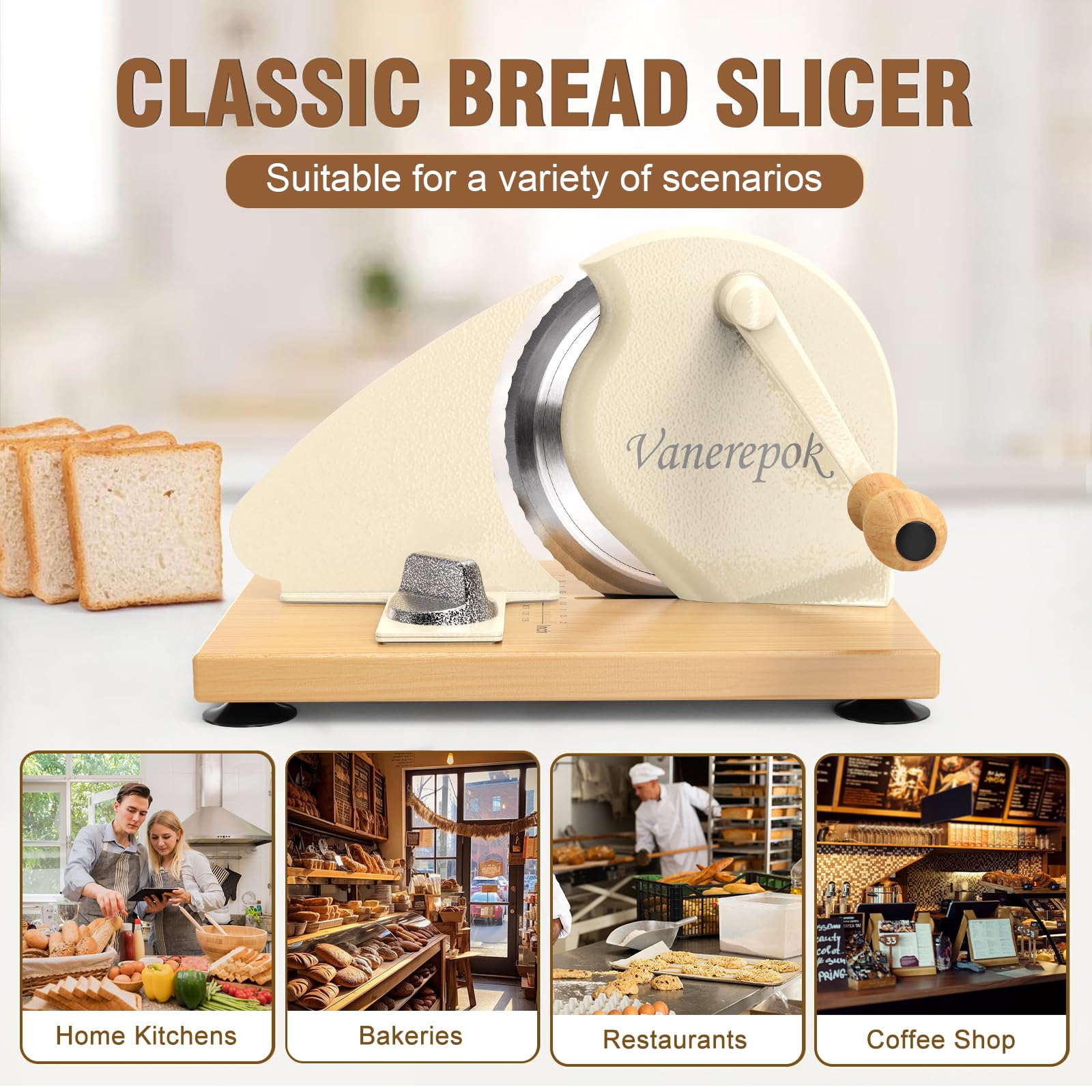 vanerepok Manual Bread Slicer for Homemade Sourdough Bread Versatile Hand Crank Bread Slicer for Sourdough Crusty Bread Etc Stainless Steel Slicers Adjustable Width for Homemade & Commercial Use