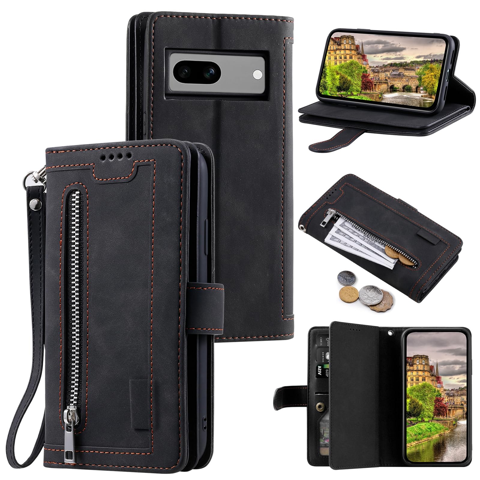 EYZUTAK Wallet Phone Case for Google Pixel 7a, Retro Matte 9 Card Holder Slots Zipper Pocket Case PU Leather Magnetic Closure Kickstand with Wrist Strap Folio Flip Case - Black