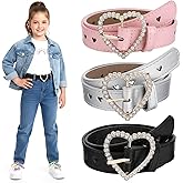 Bremorou Kids Belt Girls 3 Pcs Leather Waist Belt Cute Heart Shape With Metal Buckle Elastic Stretch Adjustable Waist Belt For Girls Pink White Black Adjustable 27.56"