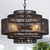 Tunkayli 20" Large Rattan Chandelier, 4-Light Black Wicker Light Fixture | Hand-Woven Rattan Shade; Boho Coastal Style; Adjustable Height; Farmhose Drum Chandeliers for Dining Room, Bedroom, Foyer