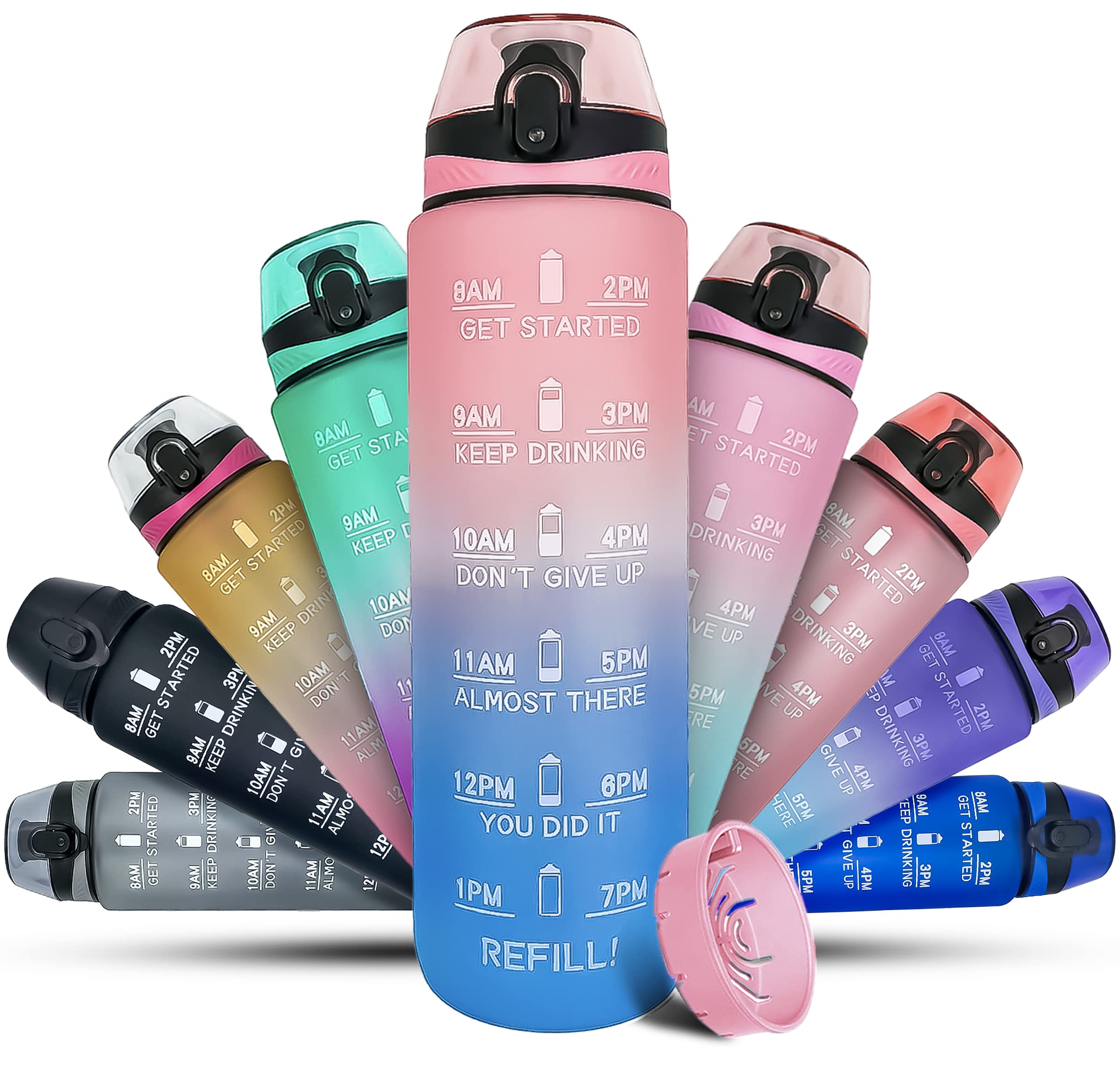 Active 100 Water Bottle 1L Sports Water Bottle With Time Markings, Dishwasher Safe Leak-Proof Water Bottles, BPA Free Non-Toxic Drinks Bottle For Running, Cycling, School, Office & Gym (Ocean Pink)