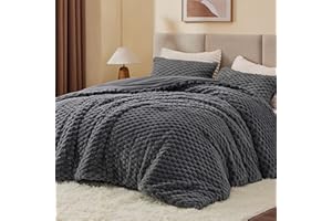 BEDELITE Fluffy Queen Comforter Set - Grey Fleece Soft Comforter for Queen Size Bed, Luxury Warm Bedding Set for Winter, Fuzzy Bed Set 3 Pieces (1 Comforter, 2 Pillowcases)