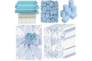 50 Set Wedding Invitation Kit, Pre-Folded Blue Vellum Jackets for 5×7 Invitations with Wax Seal Stickers, Ribbon & Dried Flow