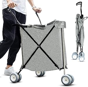 Freshore Grocery Shopping Cart with Wheels - Collapsible Push Folding Utility Wagon Trolley ? Laundry Trolley Carrier with Heavy Duty Flexible Fashion Design ( Grey )