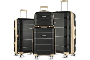 LUGGEX Black Luggage Sets 4 Piece - PP Carry on Luggage Set with Spinner Wheels - Expandable Suitcase Set of 4