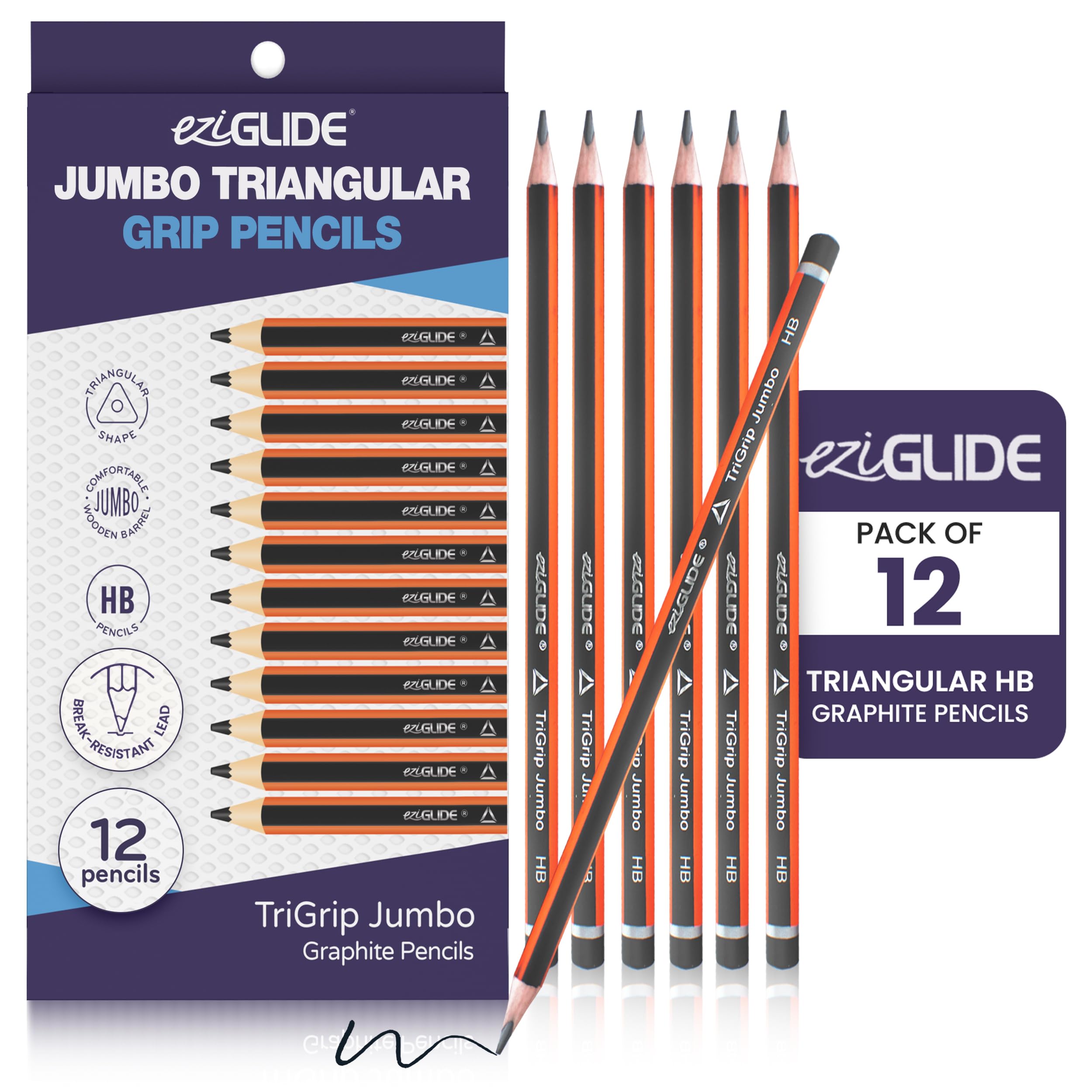 Eziglide TriGrip Jumbo HB Pencils, Pack of 12 Triangular Pencils, Break resistant super bonded lead, Triangle pencils for kids that improve pencil grip comfort and control when drawing & writing — image 1
