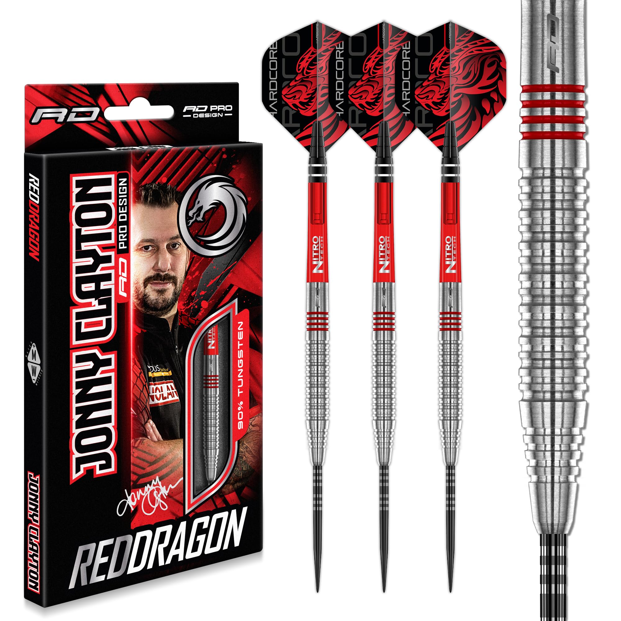 RED DRAGON - Jonny Clayton Original 2.0 | 24g | Professional Steel Tip 90% Tungsten Darts Set - Includes Dart Flights & Stems | Professional Player Edition