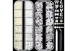 RODAKY 2 Boxes Silver Nail Charms and Flatback Pearls,Bow Charms for Nails Design Letter Heart Rose Mixed Metal Studs Nail Gems Charms,White & Beige Half Pearl for Nail Jewelry DIY Nail Art Decor