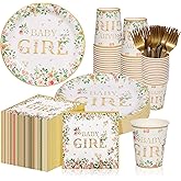 RMERVE 250pcs Baby Shower Plates Cups Napkins Forks Sets Floral Baby Shower Decorations for Girl Gold Plates and Napkins Party Supplies Girls Spring Party Decoration for 50 Guests