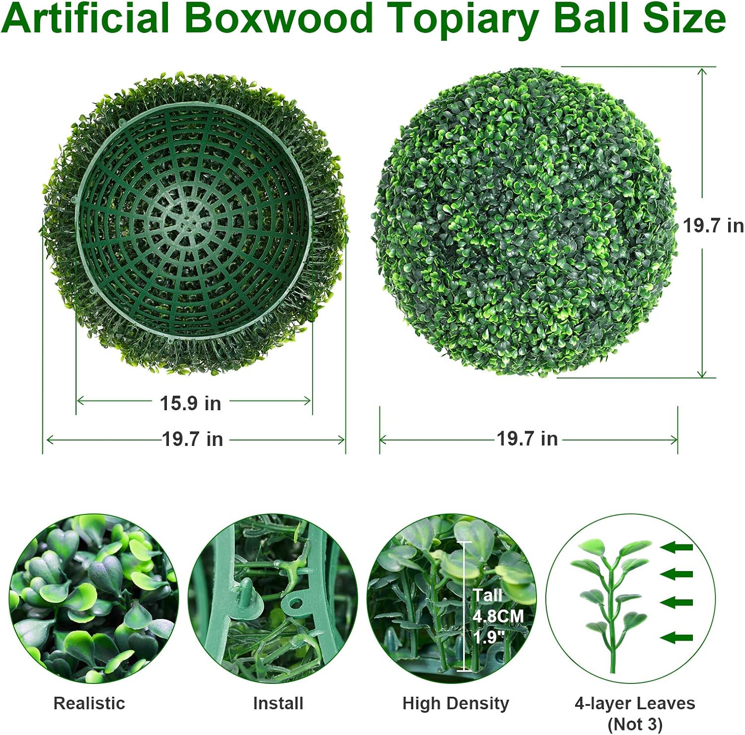 VegasDoggy 2 PCS 19.7 Inch Artificial Boxwood Balls Topiary - UV Protected 4 Layers Faux Plants Decorative Balls for Indoor, Outdoor, Garden, Wedding, Balcony, Backyard and Home Decor -