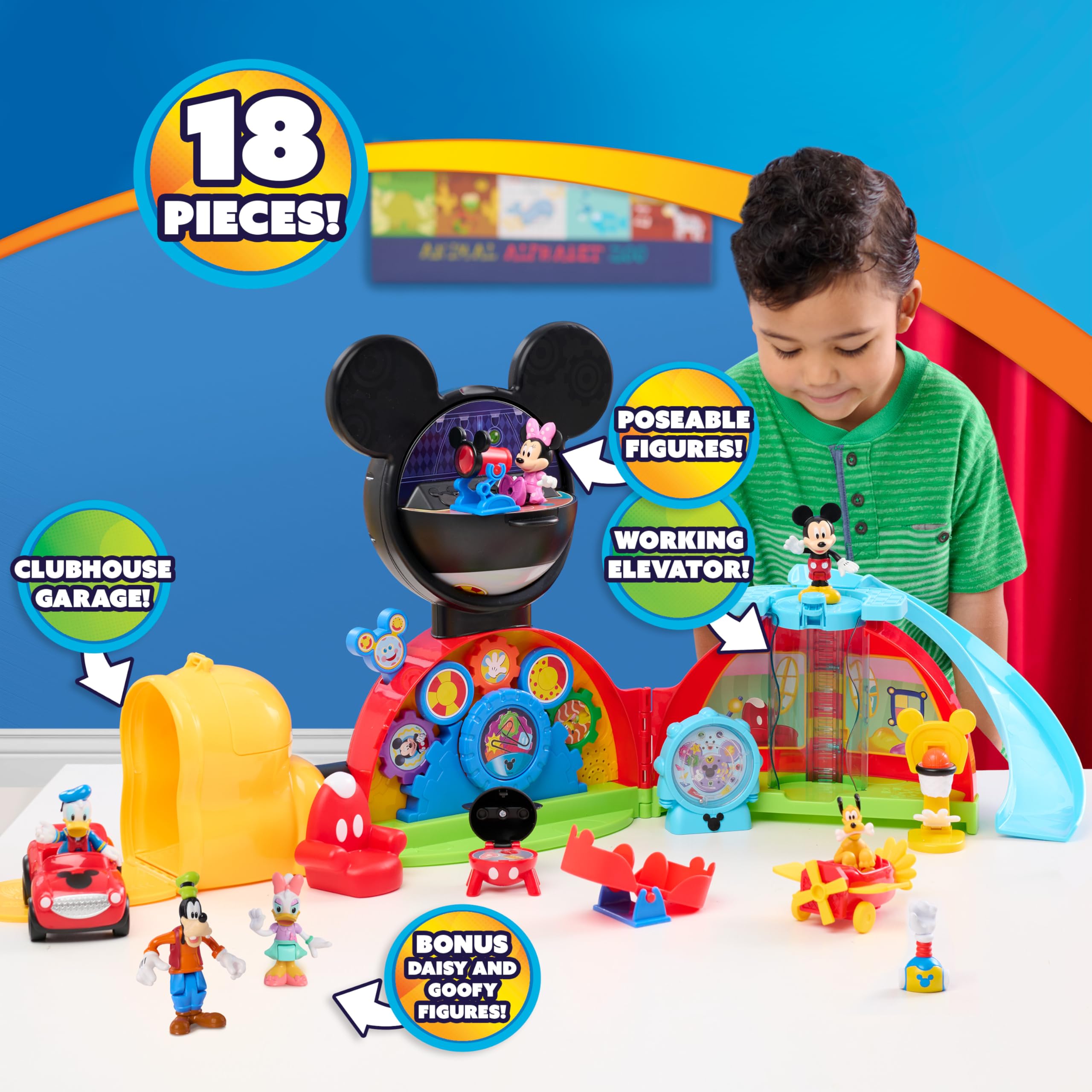 Disney Jr. Mickey Mouse Clubhouse Deluxe 28-inch Playset with 2 Exclusive Bonus Figures and Lights & Sounds, 18-Pieces, 3-inch Articulated Figurine Toys, Ages 3 and Up by Just Play