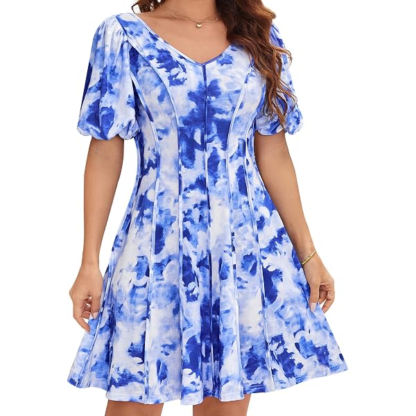 Soesdemo Women's Summer Sundress - Scoop Neck, Rolled Short Sleeves, Smocked Buttons, Elastic Waist, Flowy Tiered