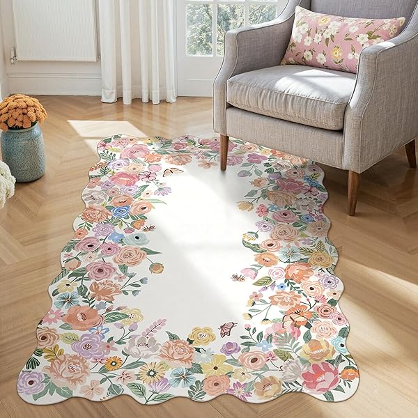 WONNITAR WASHABLE 3X5 BEDROOM RUG, SOFT CAMELLIA FLORAL AREA RUGS FOR LIVING ROOM, NON SLIP BOHO FLOWER NURSERY RUG SCALLOPED THROW CARPET FOR KIDS ROOM BEDSIDE ENTRYWAY LAUNDRY ROOM (BEIGE,3’X5′)