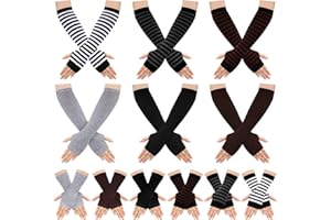 REMERRY 12 Pairs Wrist Fingerless Gloves and Long Arm Warmer Set for Women Warm Stretchy Goth Winter Gloves with Thumb Hole (Stripe and Solid Style)