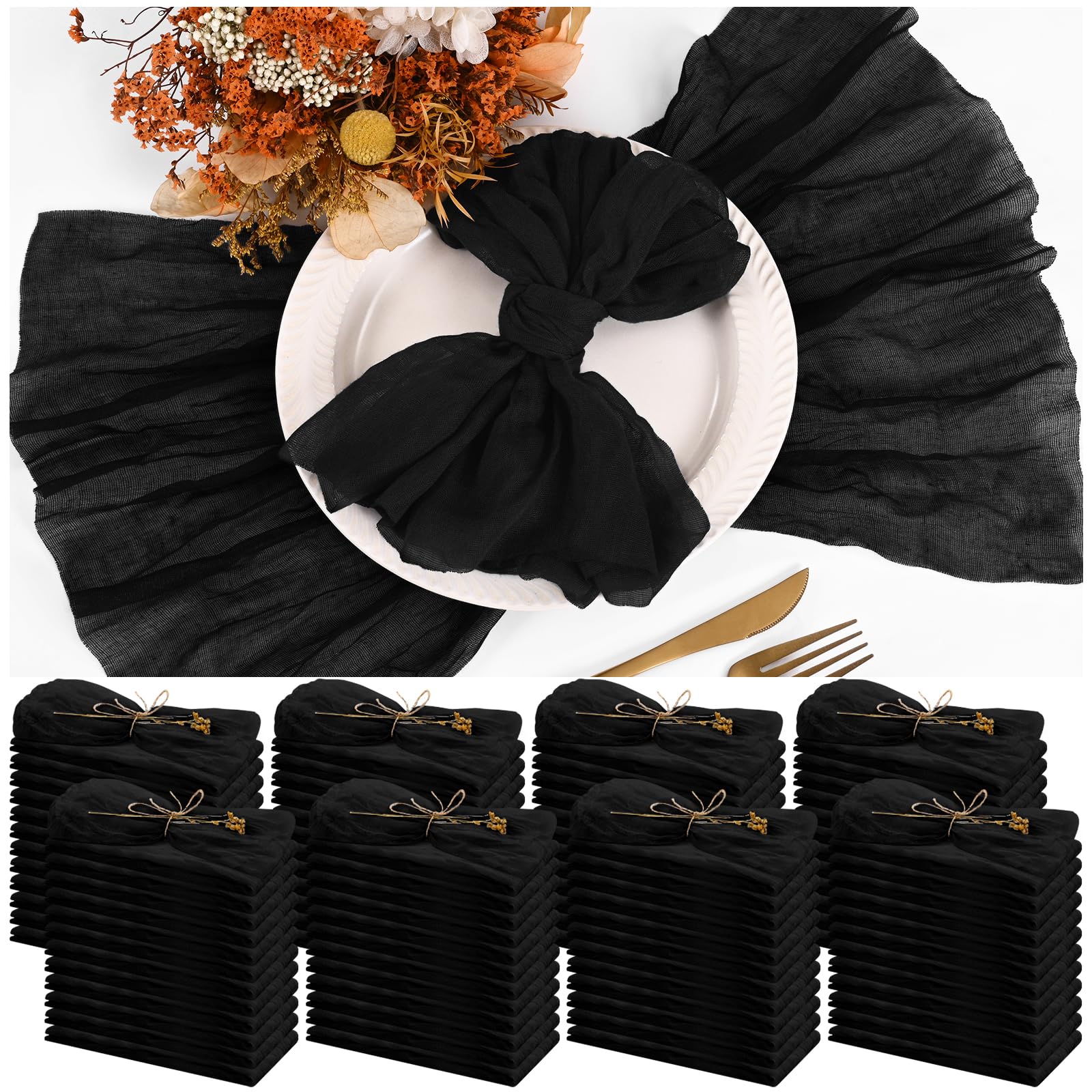Photo 1 of 100 Pieces Cloth Napkins Black Dinner Cheesecloth Napkins for Wedding,Wrinkled Cloth Napkins Bulk for Home Party Rustic Table Decoration, 17 x 17 Inch