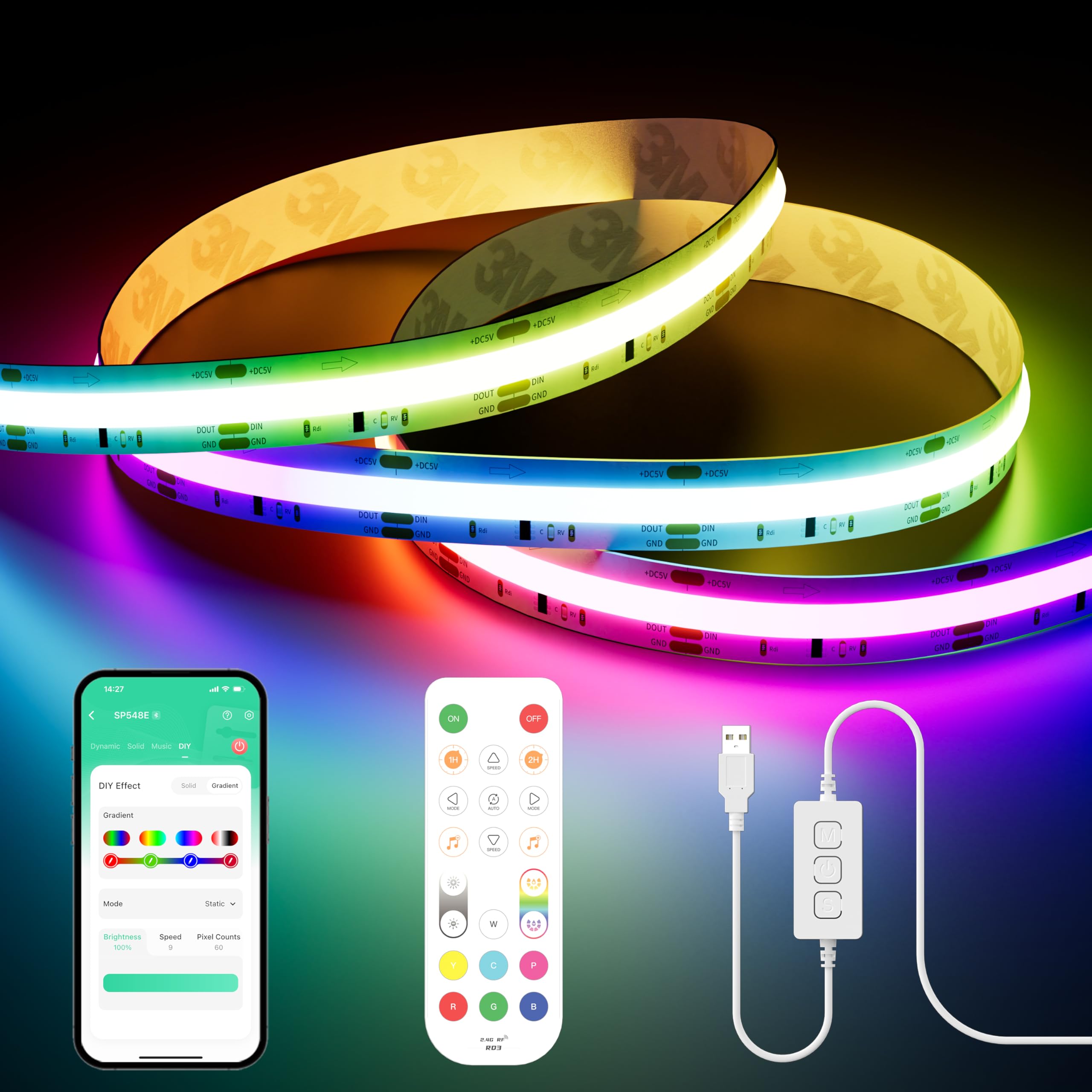 PAUTIX USB RGB Smart IC COB LED Strip 3m, 5V 1800LEDs Colour-Changing Pixel Addressable RGB LED Tape Work for Alexa/Google Assistant,RF Remote for TV Cabinet Mirror Scooter DIY Christmas Party Decor
