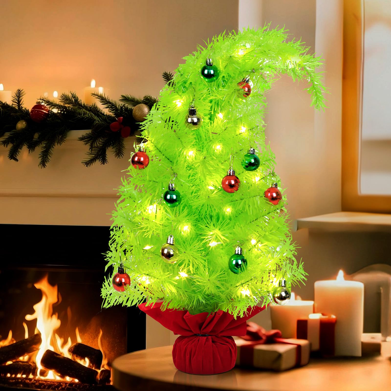Photo 1 of 2 FT Gringchs Christmas Tree Decorations, Bendable Lime Green Table Top Christmas Tree with Mini Ball Ornaments, Artificial Whimsical Decor for Home Office Holiday Party