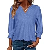 3/4 Length Sleeve Womens Tops Business Casual Blouses V Neck T Shirts with Puff Sleeve
