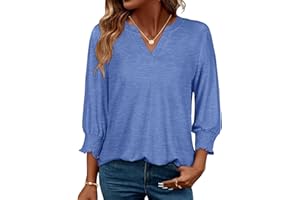 Blouse for Women 3/4 Length Sleeve Dressy Tops V Neck Casual Shirt with Smocked Cuffs(S-2XL)