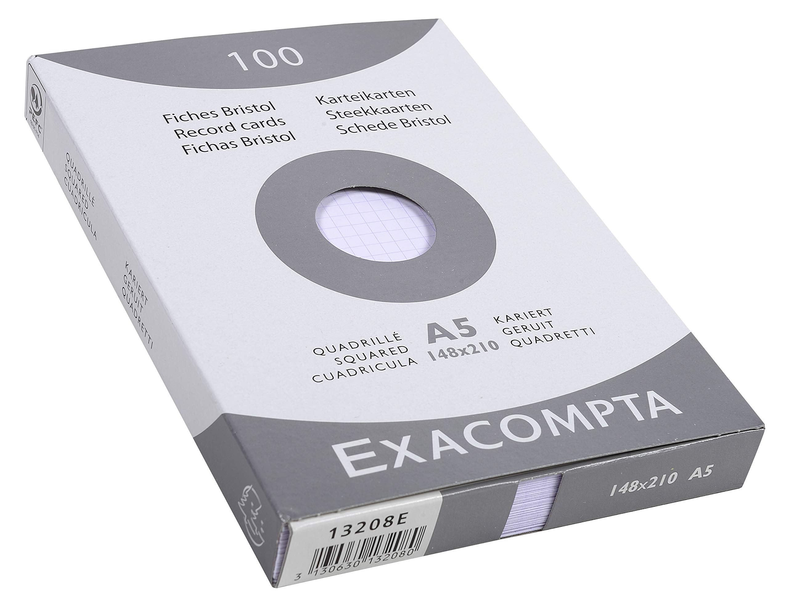 Exacompta - Ref 13208E - Bristol Squared Record Cards (Pack of 100) - A5 in Size, 205gsm Card, Compatible with Printers - Suitable for Exam Revision & Notes - White — image 1