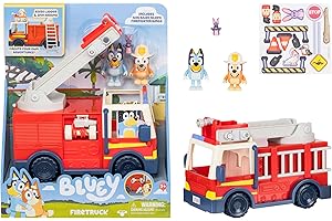 Bluey Firetruck Toy Playset with Firefighter Bingo, Bluey & Bob Bilby, Toddler Fire Truck w/ Spinning Ladder, Water Hoses for Kids Ages 3+