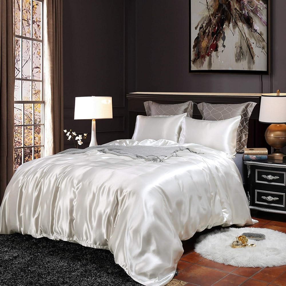 Loussiesd Hotel White Comforter Cover Single Silk Like Satin Bedding Set