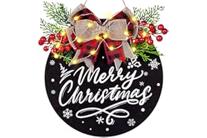 Korlon Tec Christmas Door Sign, Lighted Christmas Wreaths for Front Door, Farmhouse Winter Holiday Wooden Hanging Sign with 30 LED Lights for Indoor Outdoor Porch Wall Window Home Decor