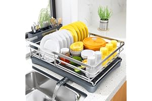 Dish Drying Rack for Kitchen Counter - Stainless Steel Dish Rack with Drainboard, Large Dish Drainer with Utensil Holder for 