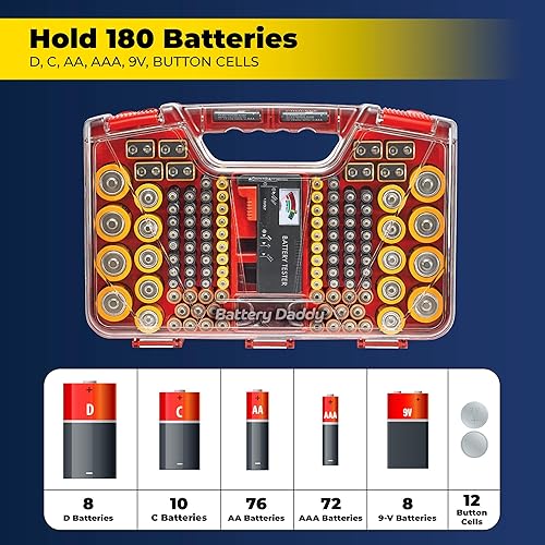 Ontel Battery Daddy Storage Organizer Case with Tester, Stores Protects  Up to 180 Batteries, Double-Sided,