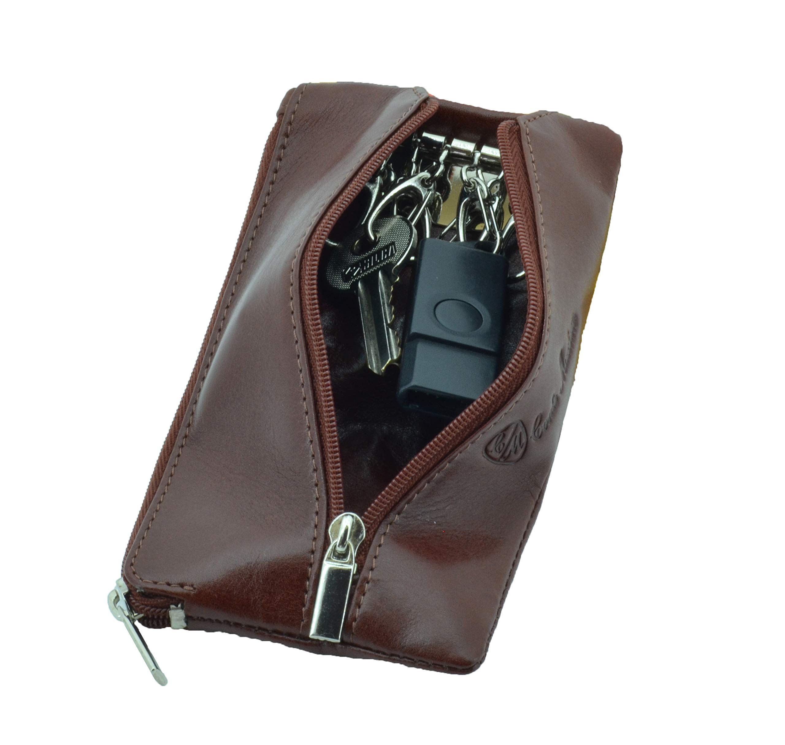 CM Conte Massimo Genuine Leather Key Case Wallet for Men and Women, Double Zipper Pouch with 6 Hooks and Coin Pocket, Gift Box Included